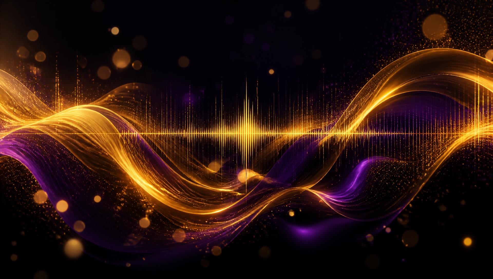 Golden soundwave ribbons on a deep purple background